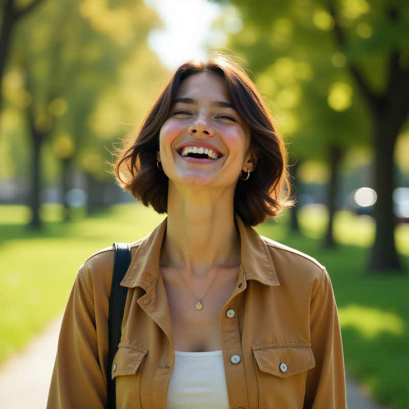 A woman with short-layered hair walking in the park.