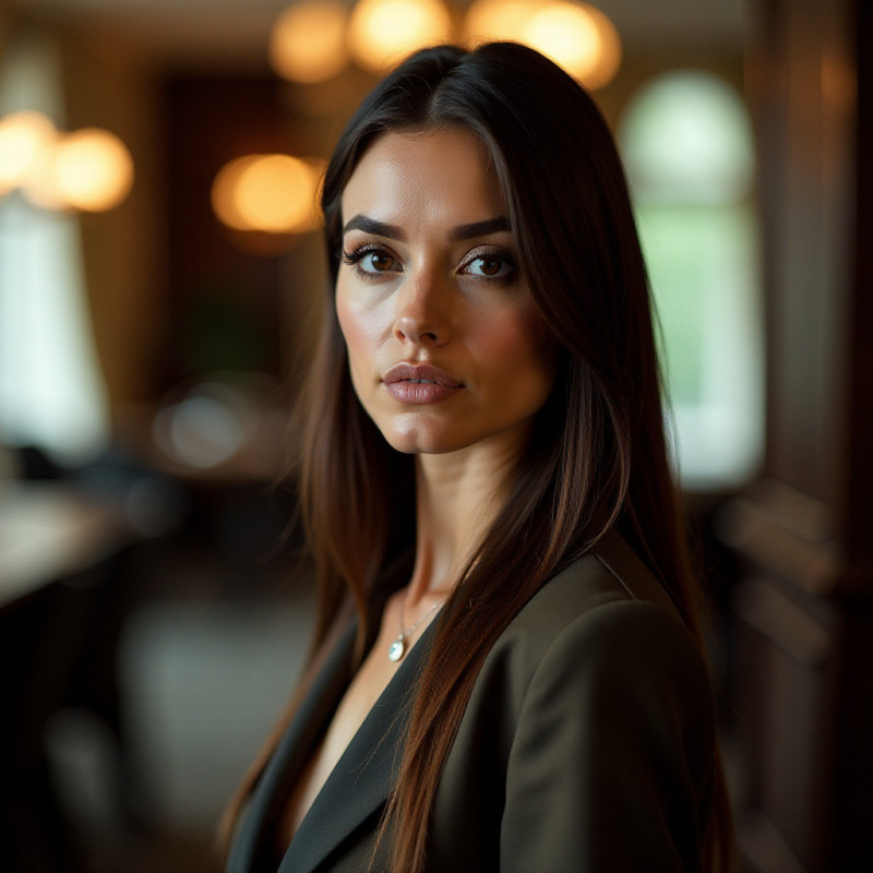 A woman with sleek straight hair in a sophisticated setting.