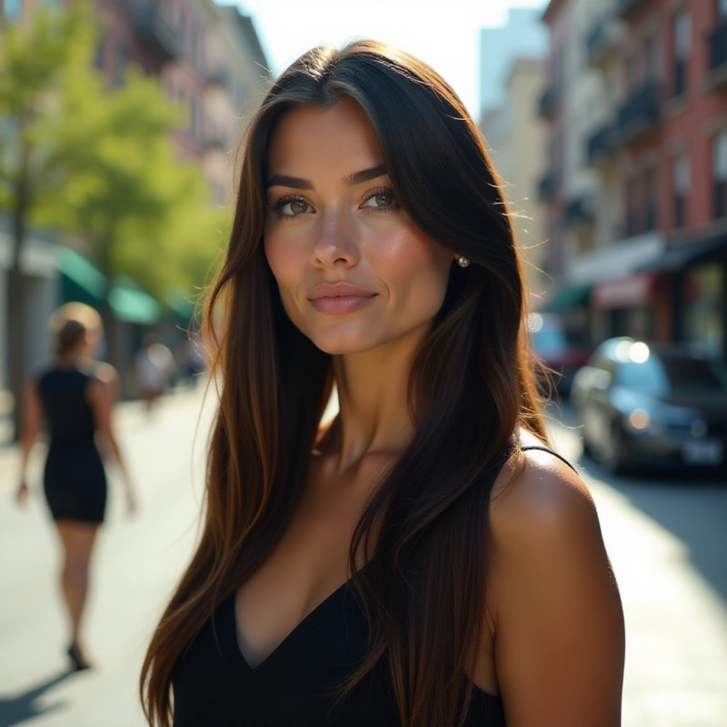 A woman with straight hair standing in an urban environment.