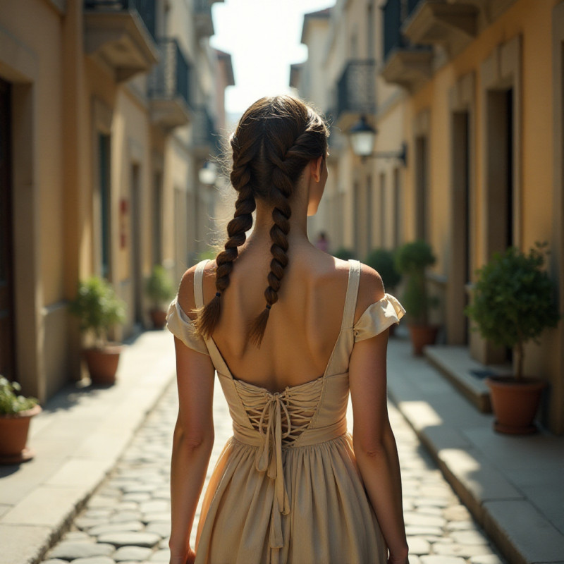 A woman with twisted braids walking through a charming historic area.