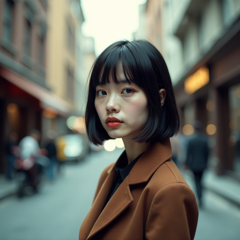 A young female with a bob cut in a city setting.