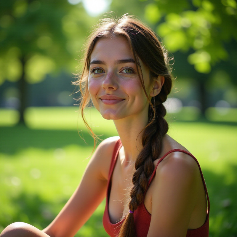 A young female with a fishtail braid in a park.