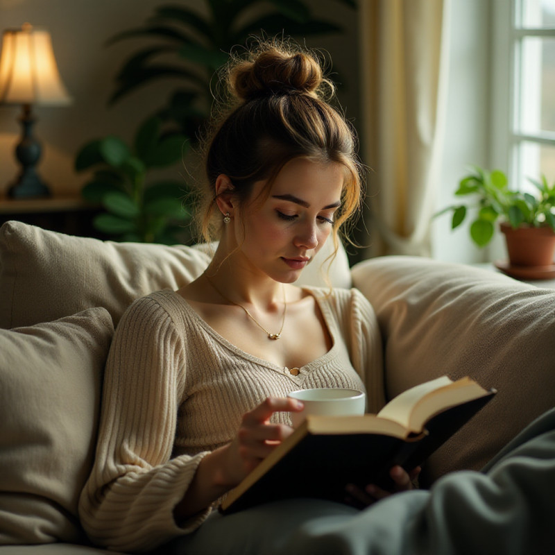 A young female with a messy bun reading at home.