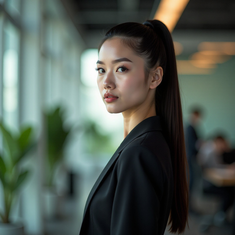 A young female with a sleek ponytail in an office.