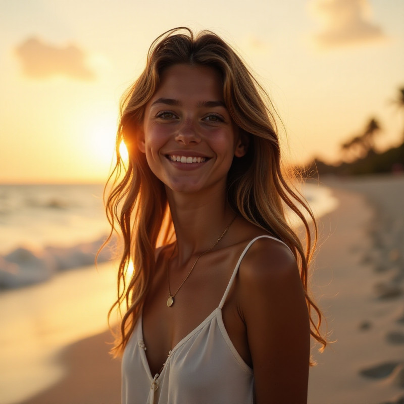 A young female with beachy waves smiling on the beach.