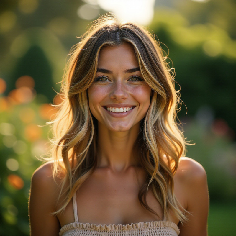 A young female with layered hair and highlights in a garden.