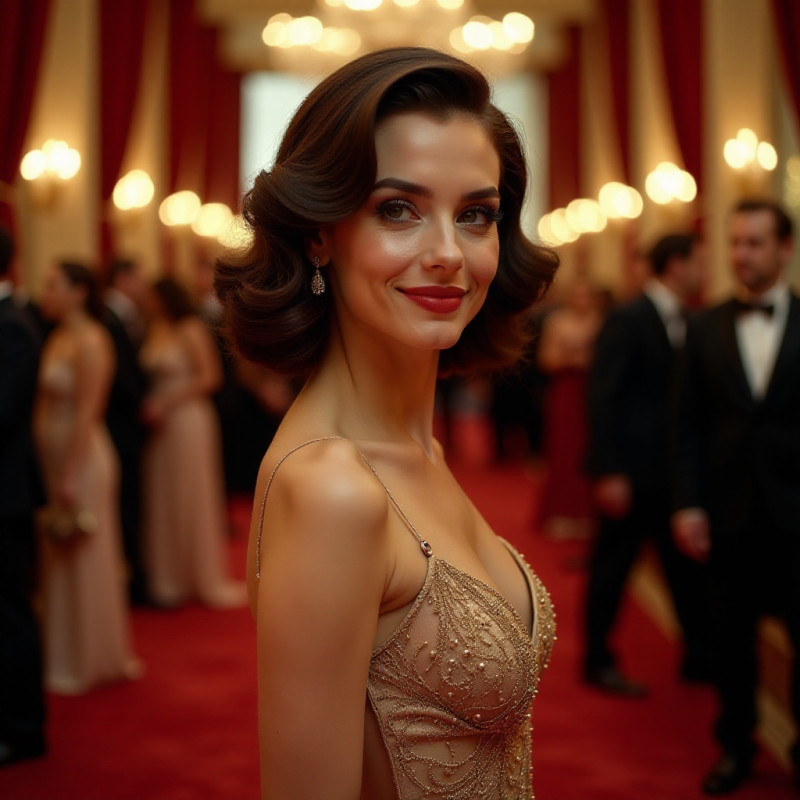 A young female with retro glam waves at an event.