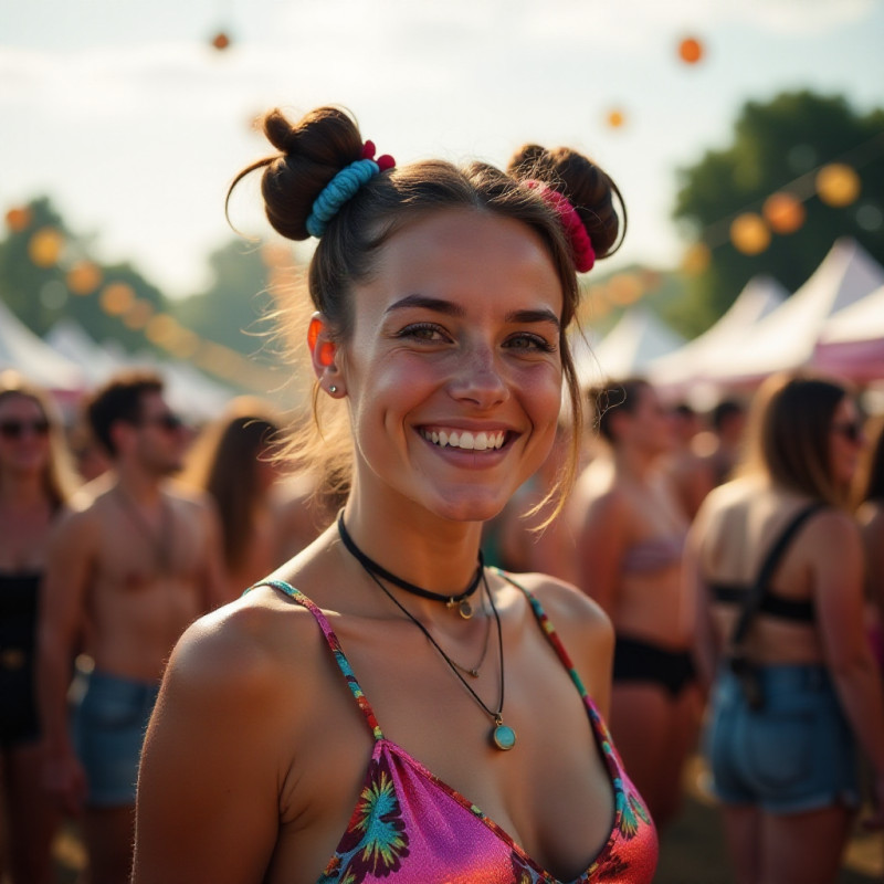 A young female with space buns at a festival.