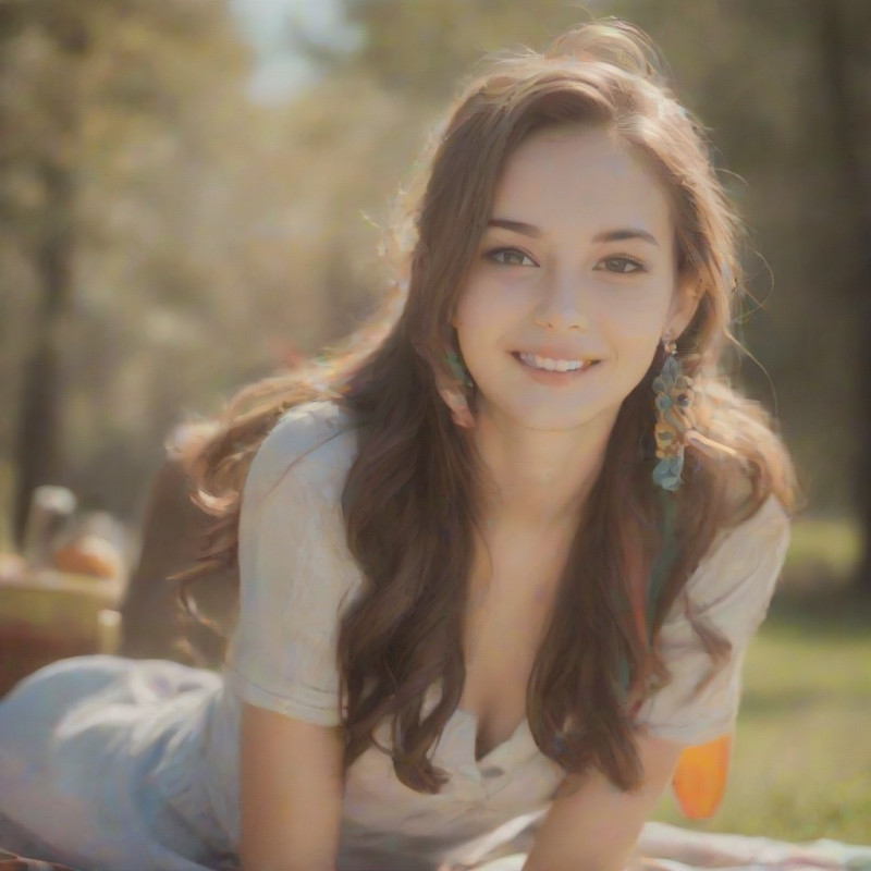 A young woman at a picnic with a half-up hairstyle and a decorative clip.