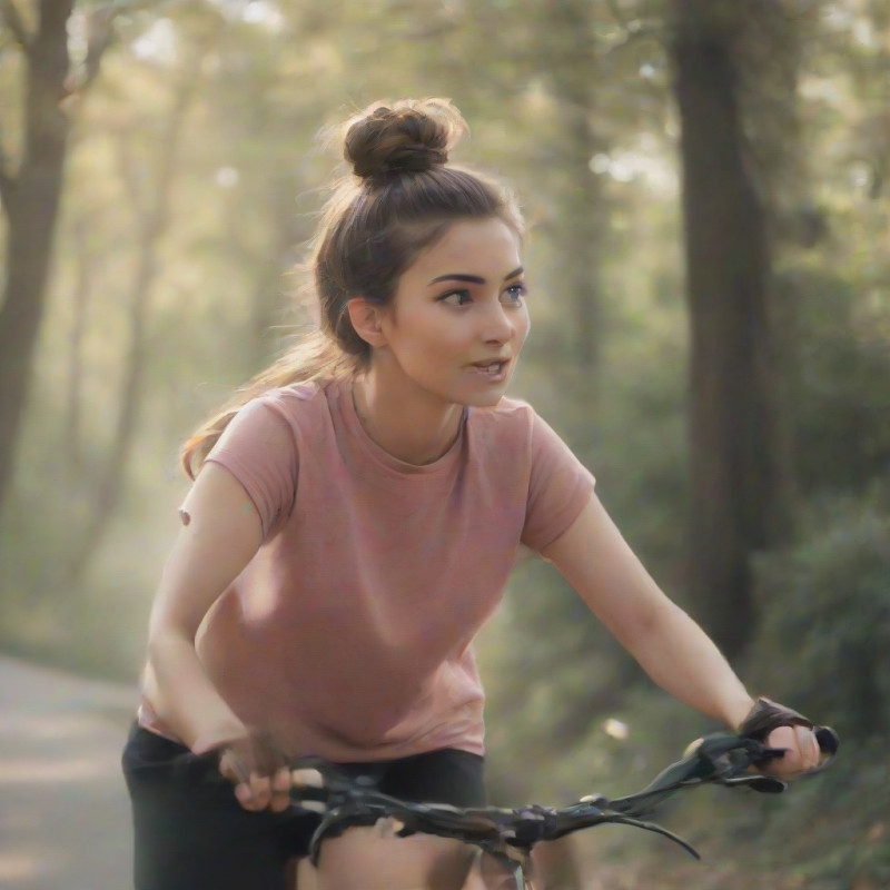 A young woman cycling with a half-up top knot hairstyle.