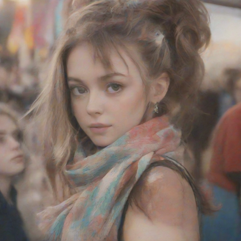 A young woman enjoying a festival with a half-up hairstyle featuring a scarf.