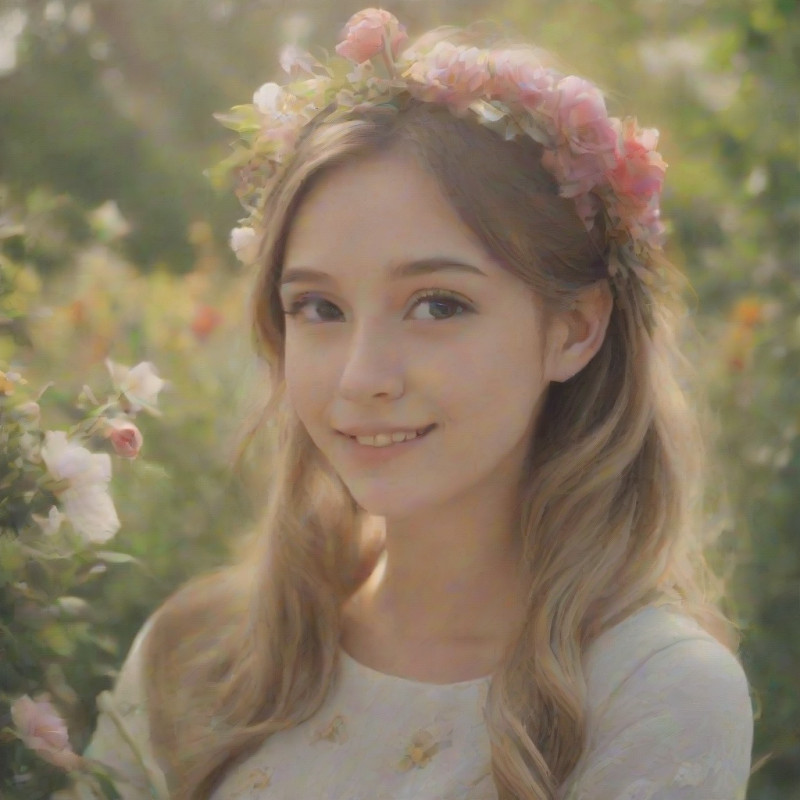 A young woman enjoying a flower garden with a half-up hairstyle and headband.