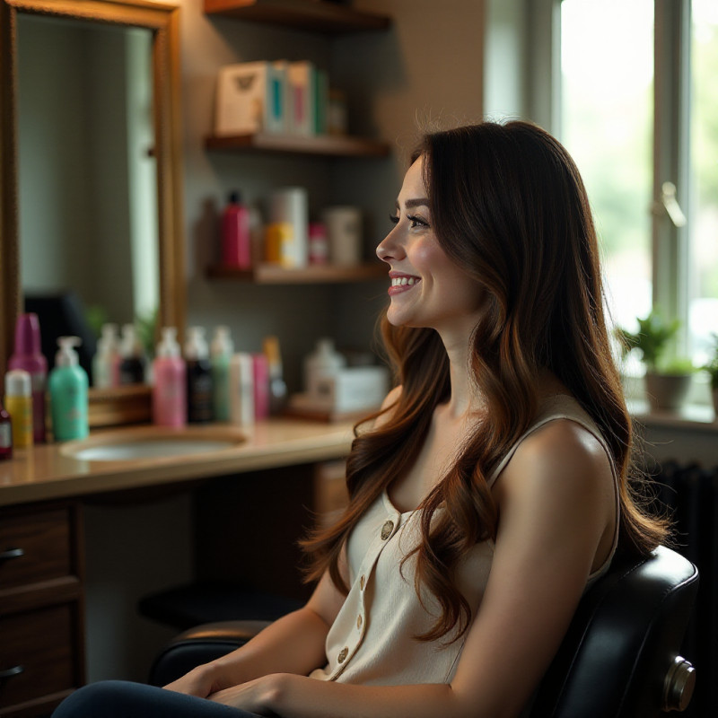 A young woman in a salon chair with long hair.