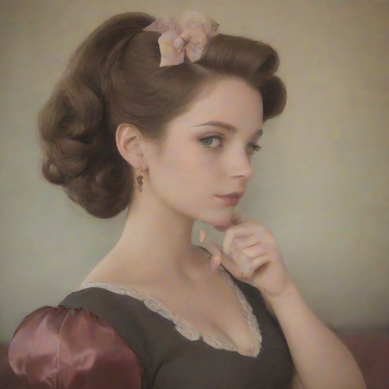 A young woman in retro clothing with a vintage half-up hairstyle.