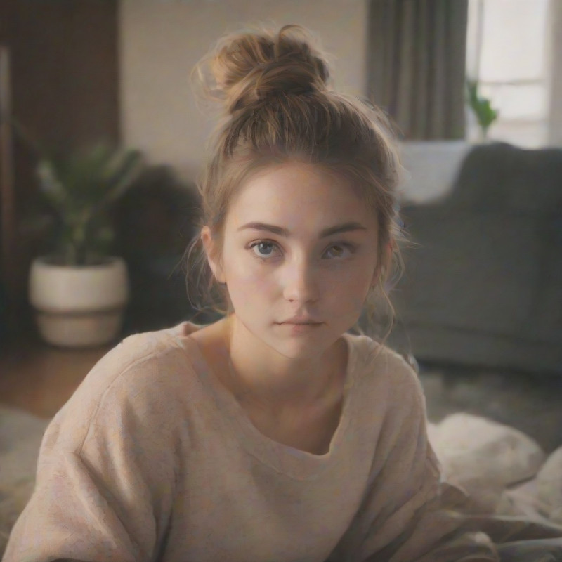 A young woman relaxing at home with a messy half-up bun hairstyle.