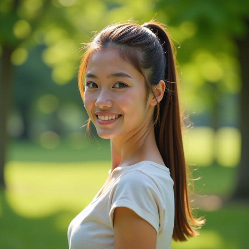 A young woman showcasing a classic ponytail hairstyle.