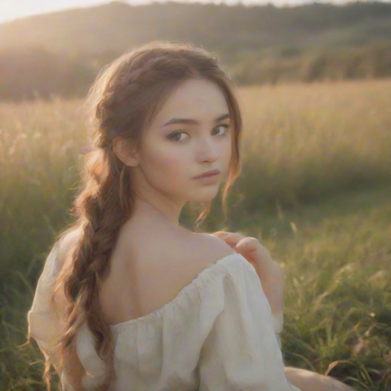 A young woman with a braided half-up hairstyle sitting on grass.