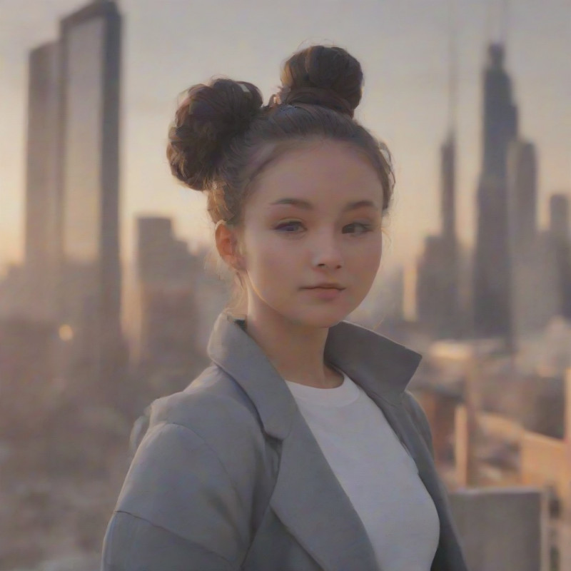 A young woman with a half-up bun in a stylish outfit against an urban background.