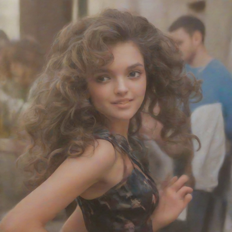 A young woman with a half-up hairstyle and bouncy curls at a festive event.