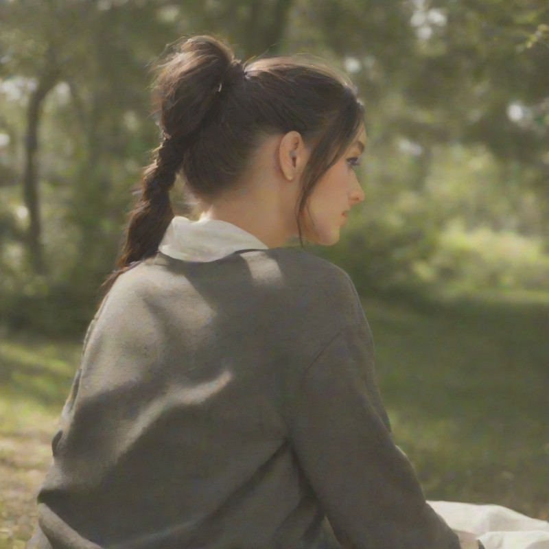 A young woman with a half-up ponytail sitting outside.