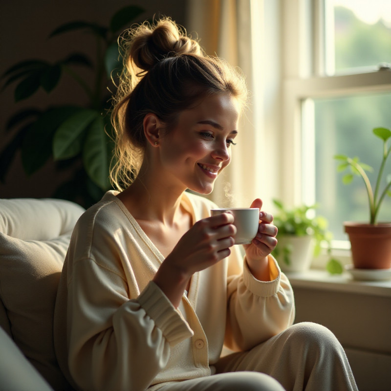 A young woman with a messy bun sitting in a relaxed home setting.