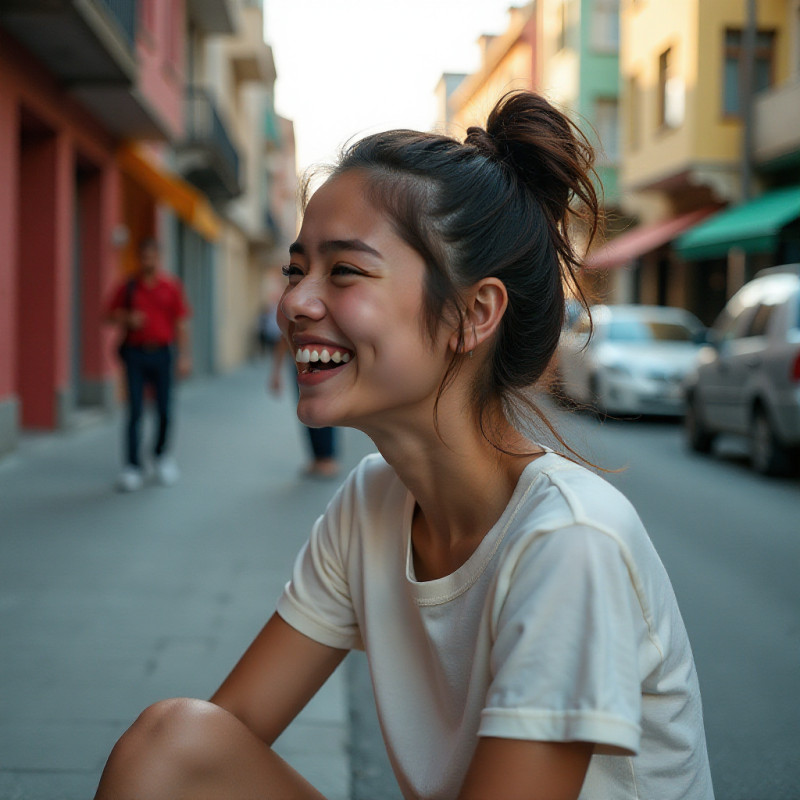 A young woman with a messy ponytail hairstyle.