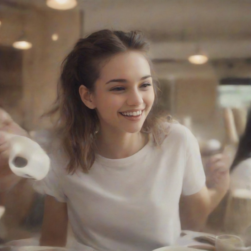 A young woman with a twisted half-up hairstyle at a cafe.