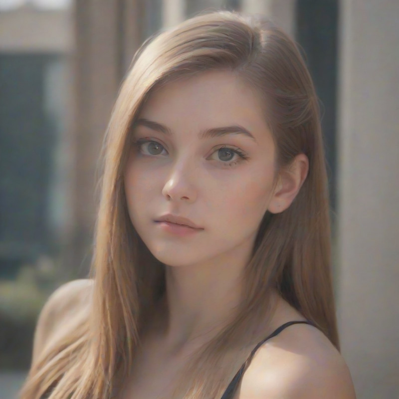 A young woman with sleek straight hair styled half-up in an urban environment.