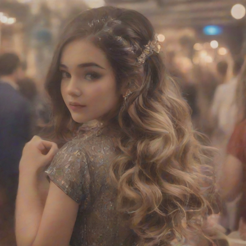 A young woman with sparkly hair at a festive gathering.