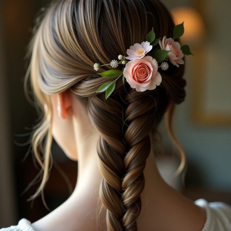 Accessorized fishtail braid with flowers and decorative pins.