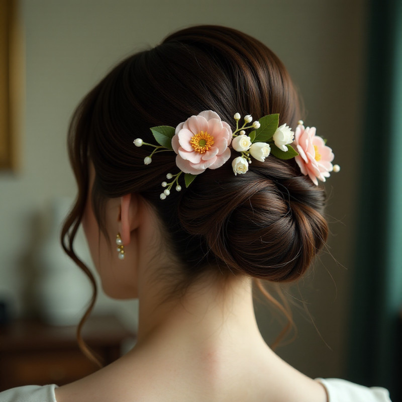 An elegant updo with floral hairpins.