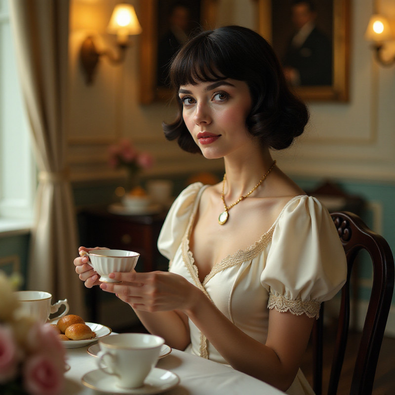 An elegant woman with a vintage bob enjoying tea in a vintage setting.