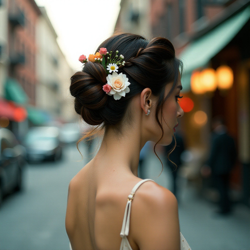 An updo hairstyle decorated with floral hair sticks.