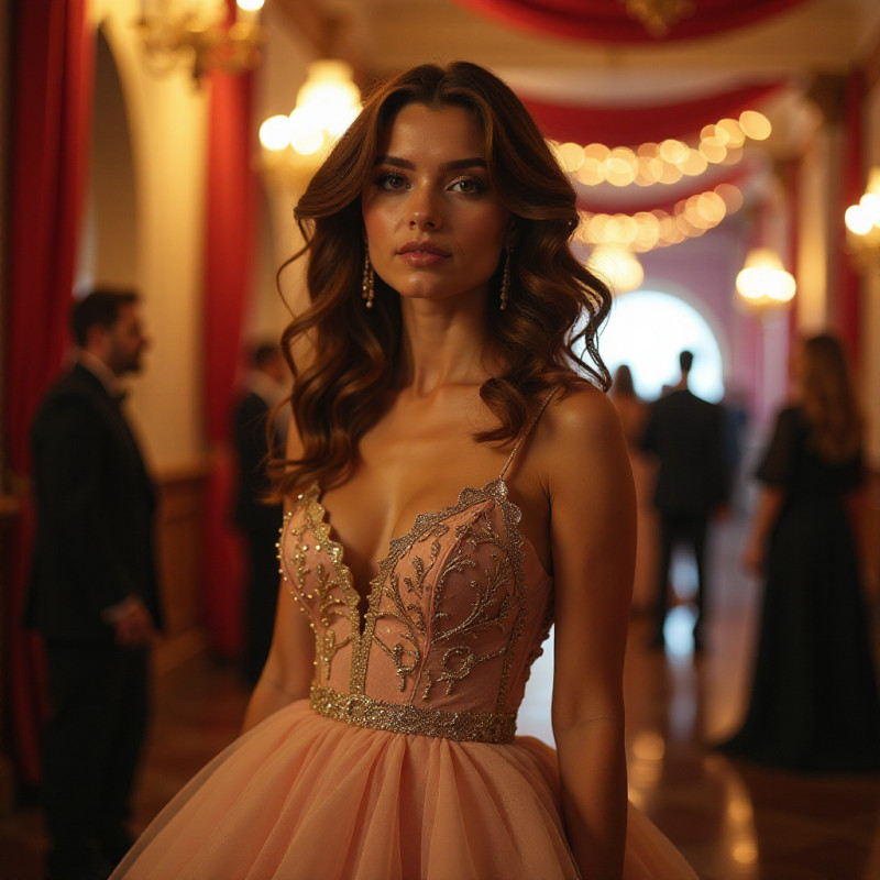 Beautiful woman with bouncy curls at prom.