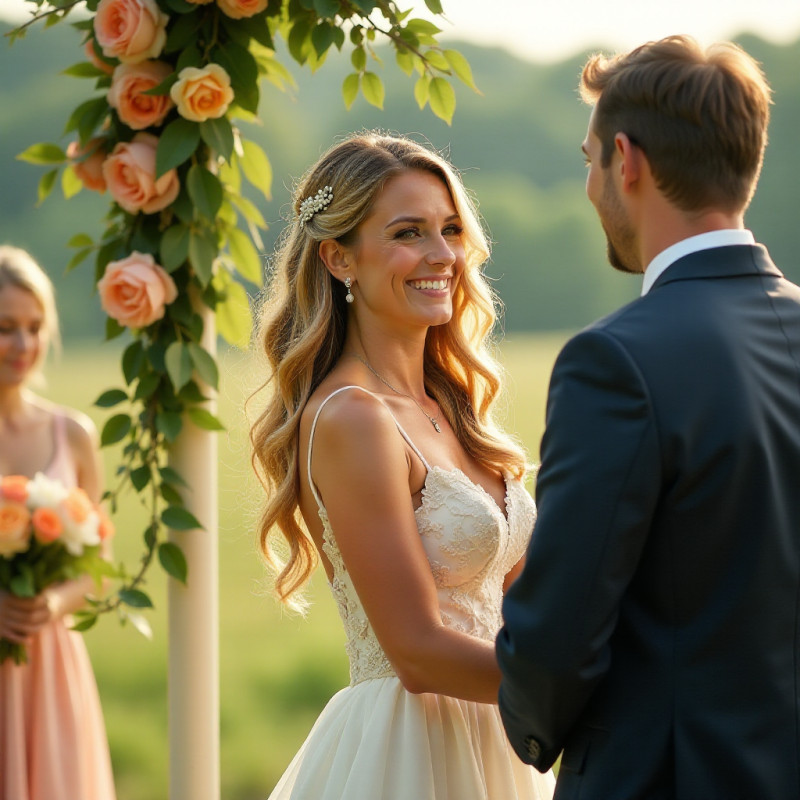 Bride with beach waves hairstyle at the wedding.