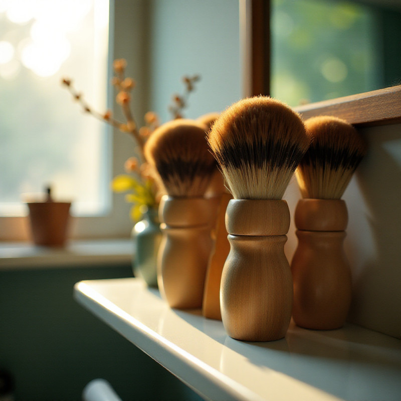 Brushes displayed on a shelf.