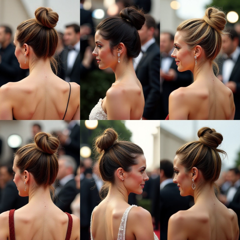 Celebrities with messy buns in different looks.