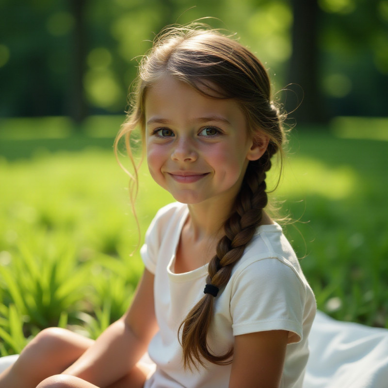 Close-up of a girl with a fishtail braid in a park.