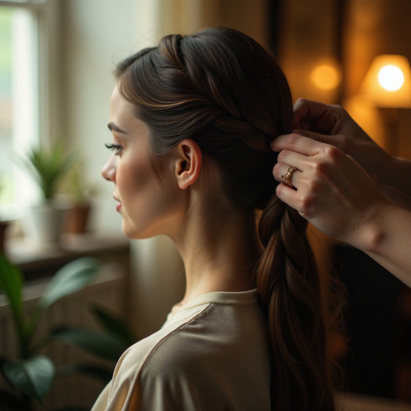 Close-up of a person carefully braiding hair.