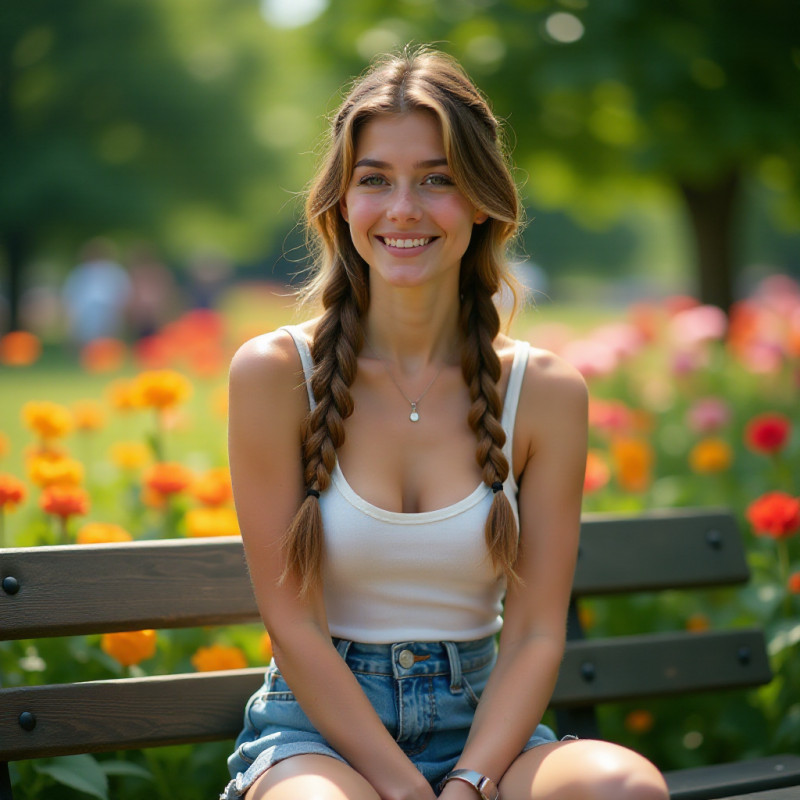 Close-up of a woman with a waterfall braid in a flower-filled park.