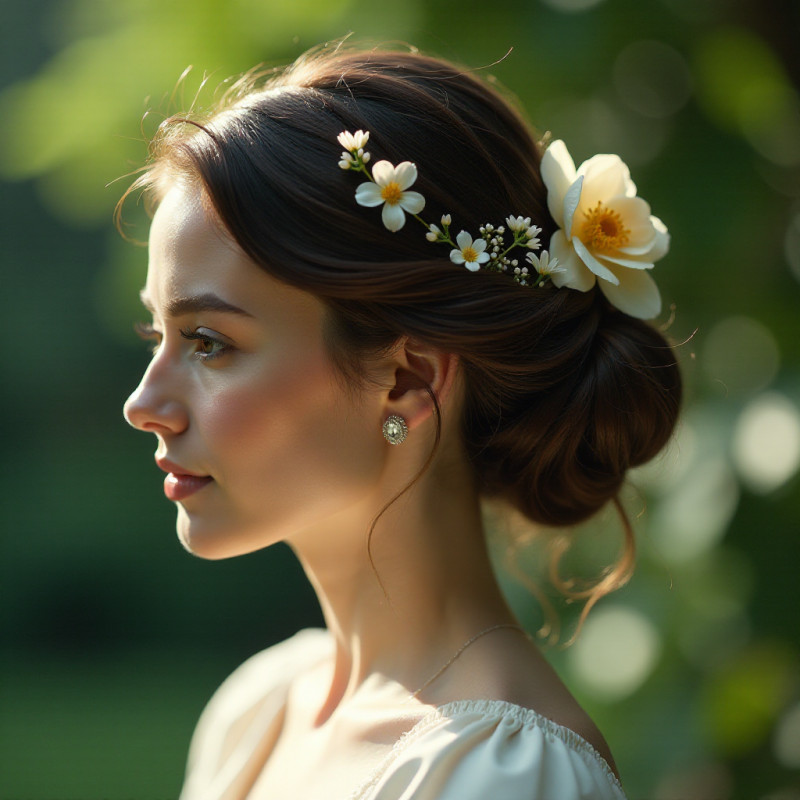 Close-up of a woman's elegant updo hairstyle.