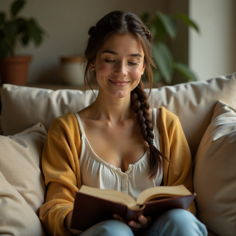 Close-up of a young woman with a braided crown reading on the sofa.