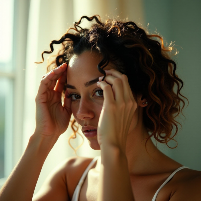 Close-up of hands detangling curls with a wide-tooth comb.