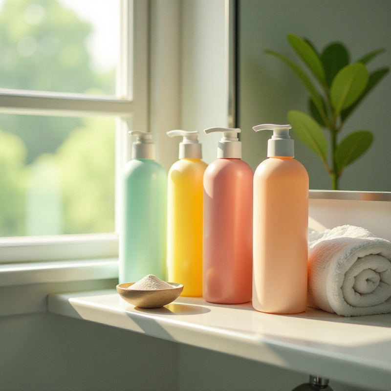 Colorful bottles of sulfate-free shampoos on a shelf.