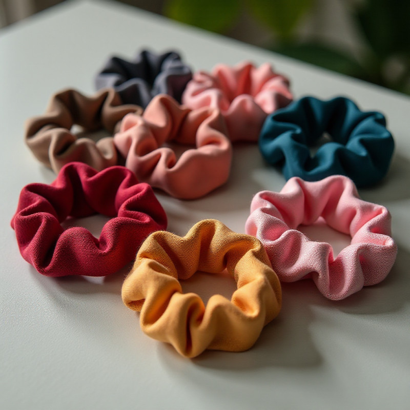 Colorful fabric hair ties displayed.