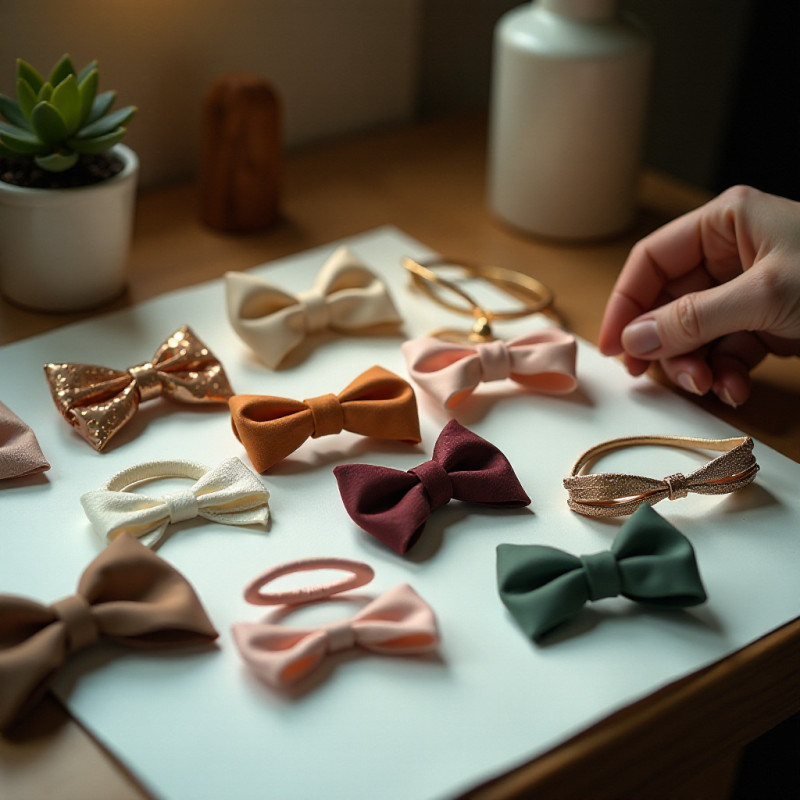 Colorful hair accessories arranged on a table.