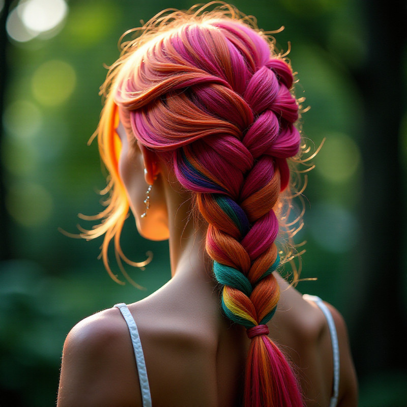 Fishtail braid showcasing colorful hair highlights.