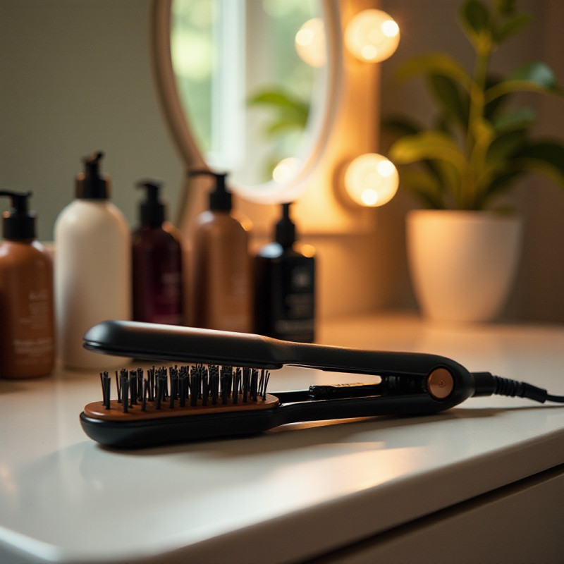 Flat iron and straightening brush on a vanity.