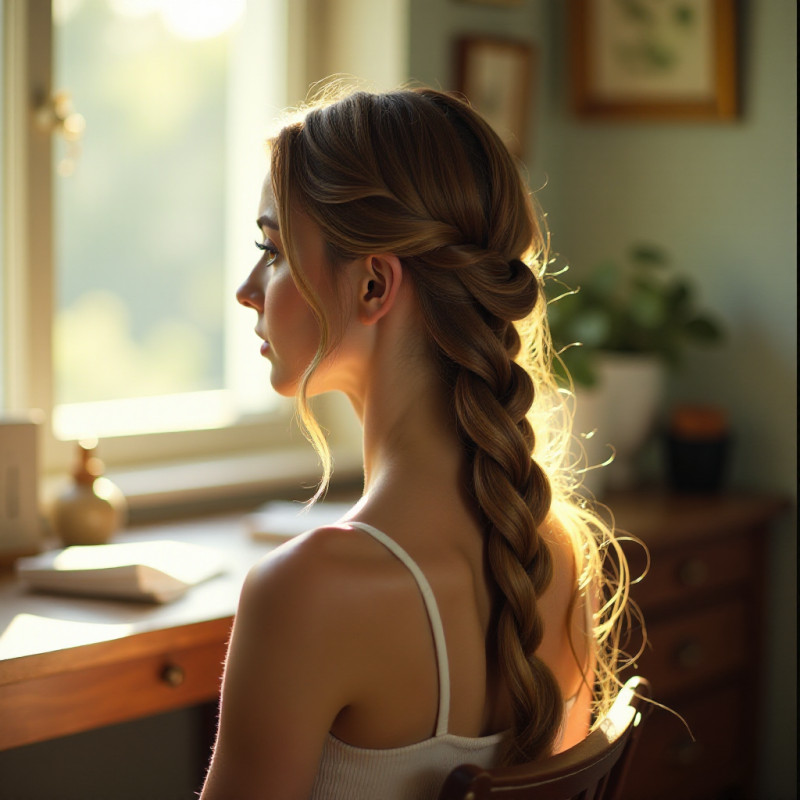 Girl braiding her hair in a classic French braid.