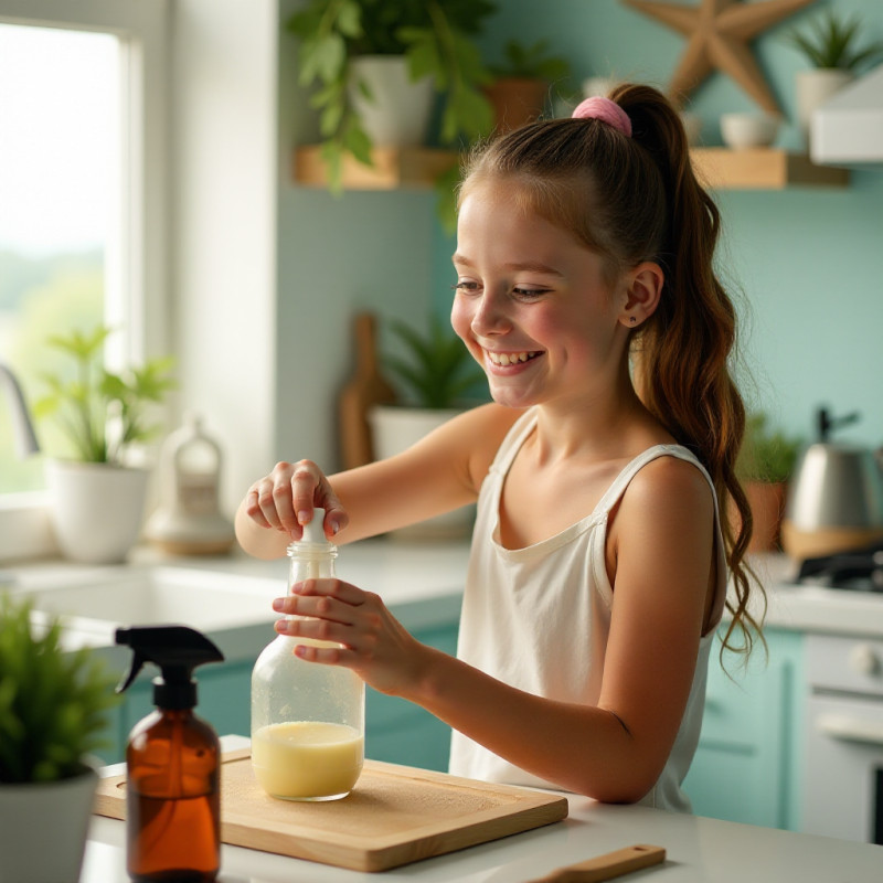 Girl creating DIY beach wave spray.